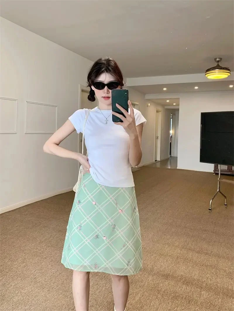 Summer Green Plaid Floral Midi Skirt Women Y2k Aesthetic High Waist A-line Skirts Sweet Preppy Style Versatile Faldas
