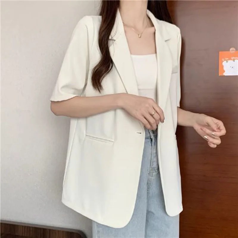 White Short-sleeved Women Summer Chic Single Button Notched Collar Outwear Ladies Korean Loose Office Suit Coat