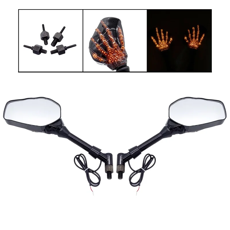 

2 Pcs Motorcycle Side Mirror 12V LED Signal Lights Custom Shape Skull Hand Claw Skeleton Universal Rear View For Most Motobike