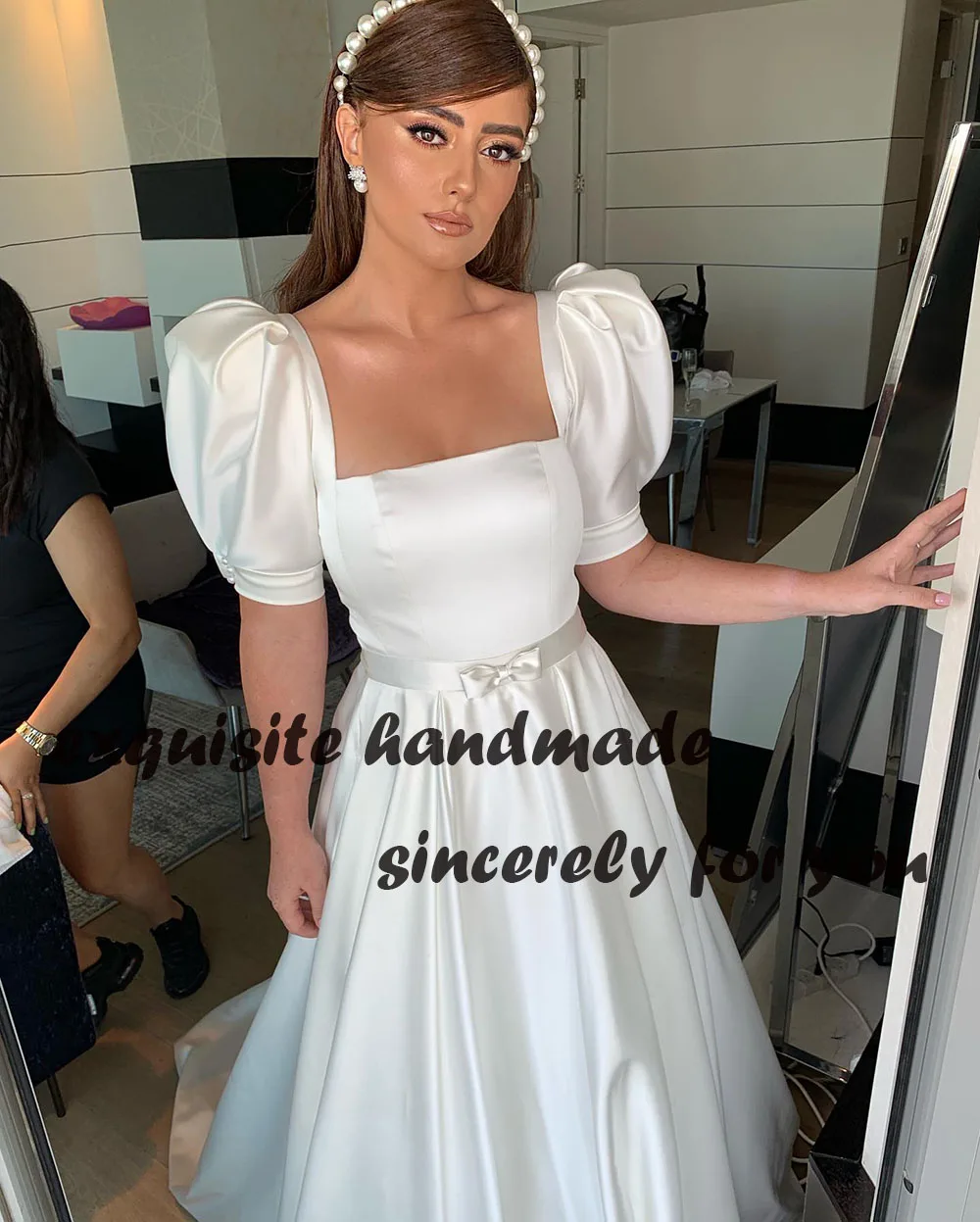 Simple Civil Wedding Dresses Mono Satin Short Sleeve Princess Bride Dress Plus Size Wedding Party Gowns for Woman