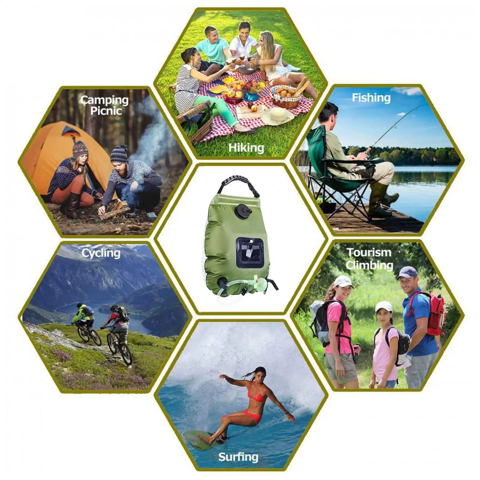 

Портативный душ для кемпинга, 5 галлонов/20 л, солнечный, съемный мешок для душа с душевой лейкой и шлангом, для использования на природе