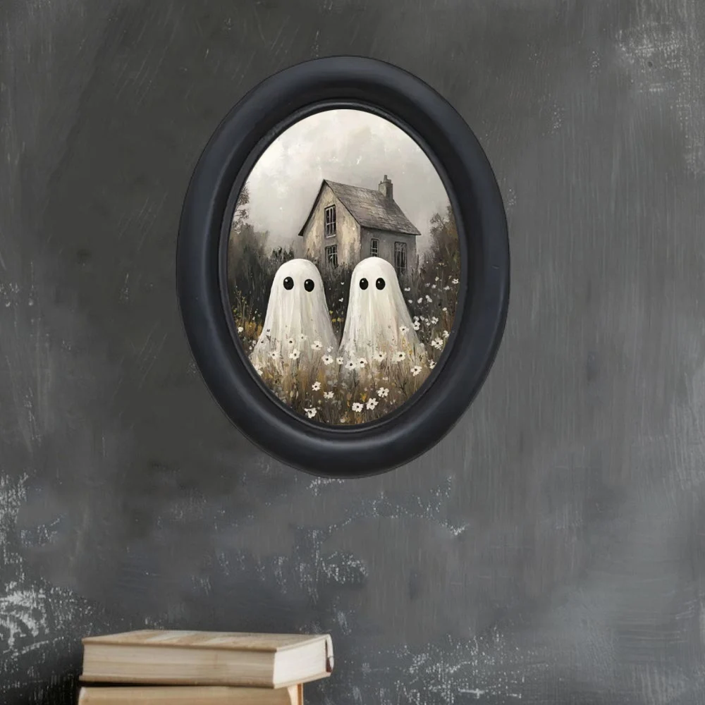 1 Piece of Vintage Halloween Two-Ghosts-In-A-Farmhouse Decorative Mural - Handmade Oval Wooden Decorative Wall Art (5.25* 4.16inch), Oval Country-Style Decoration, Halloween, Christmas, Thanksgiving Victorian Room Dark Decor