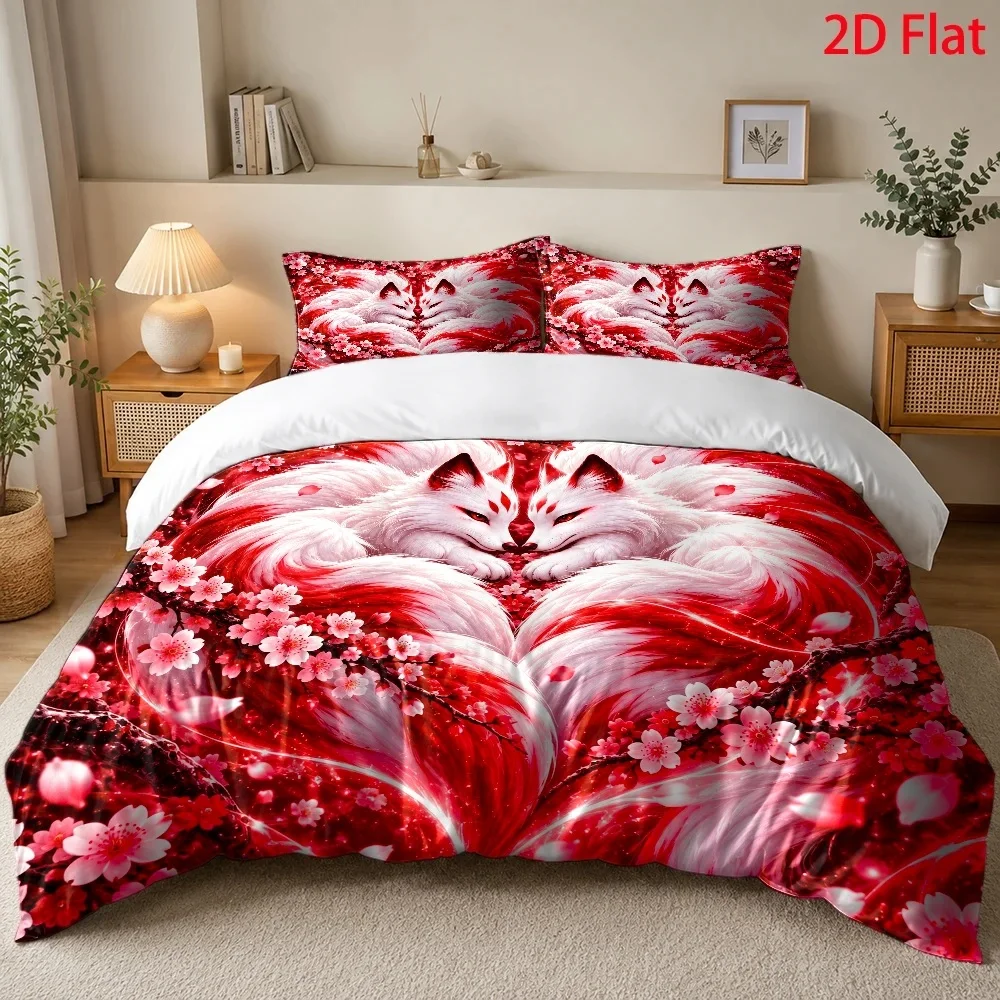Heart-Shaped Red Fox Romantic Cherry Blossom Three-Piece Bedding Set (1*Duvet Cover + 2*Pillowcases), Comforter Sets Quilt Cover Bedding Set Breathable Polyester Invisible Zipper Machine Wash