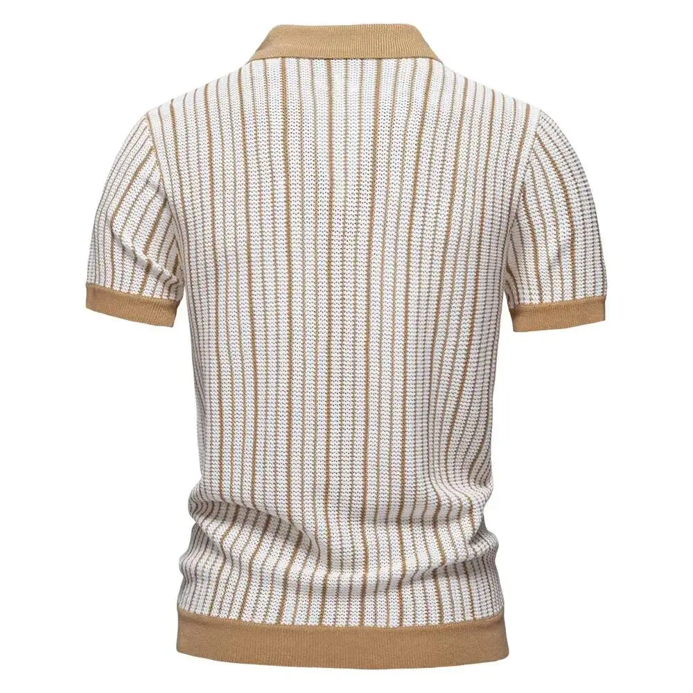 Fashion Office Business Polos For Men Contrast Striped Short Sleeve Button Polo Breathable Knitted