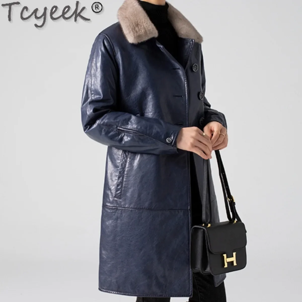 Tcyeek-Doudoune en cuir véritable pour femme, col en fourrure de vison chaud, vestes mi-longues, manteau en peau de mouton d'avertissement à l'huile, vêtements d'hiver