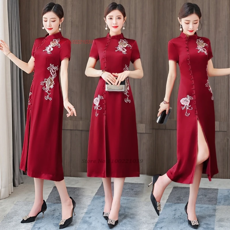 

2024, китайское винтажное платье Cheongsam, улучшенное трапециевидное Ципао, национальное свадебное платье с цветочной вышивкой, восточное банкетное вечерние Ципао