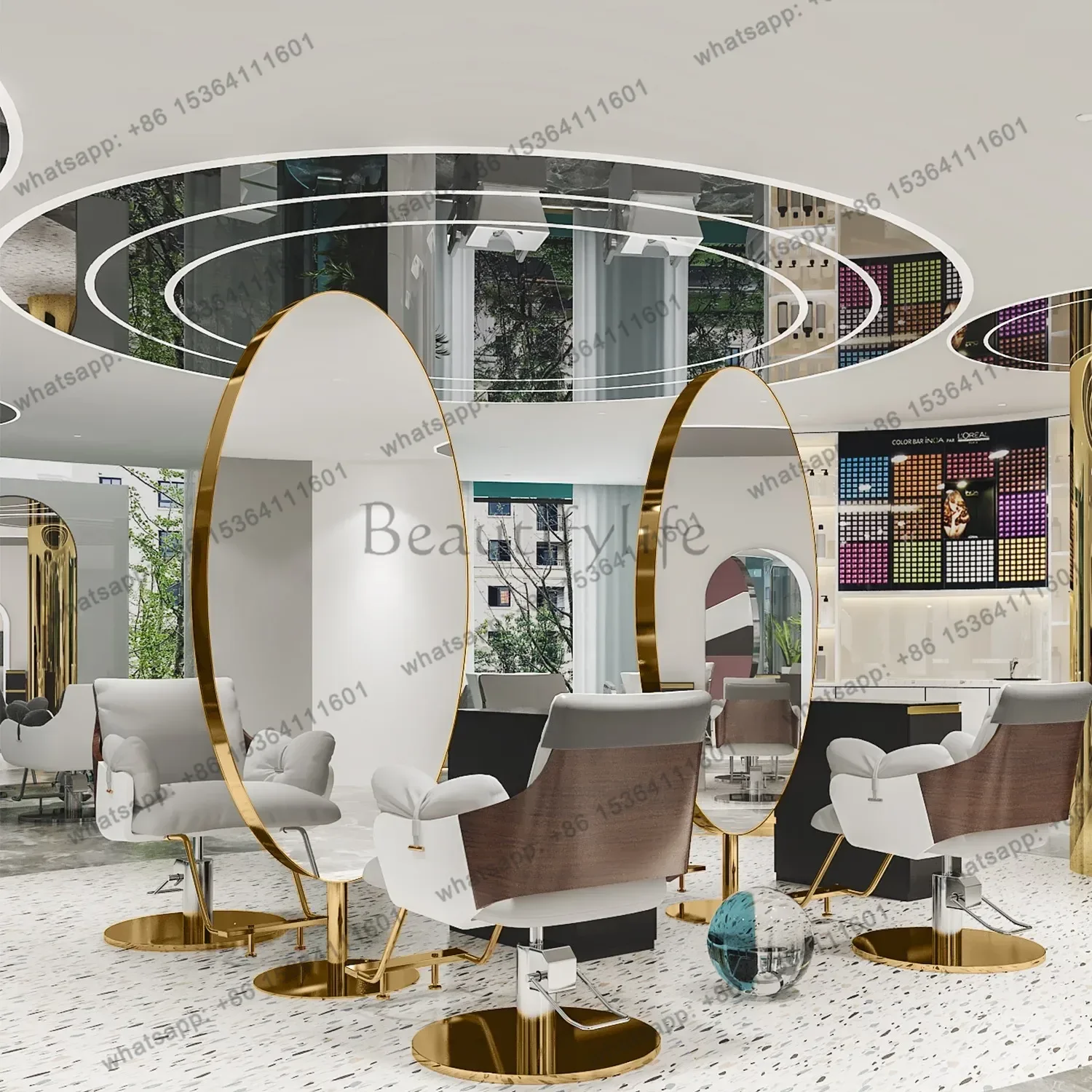 ls42Barber shop stainless steel floor-to-ceiling full body mirror hair salon special hairdressing double-sided mirror with light