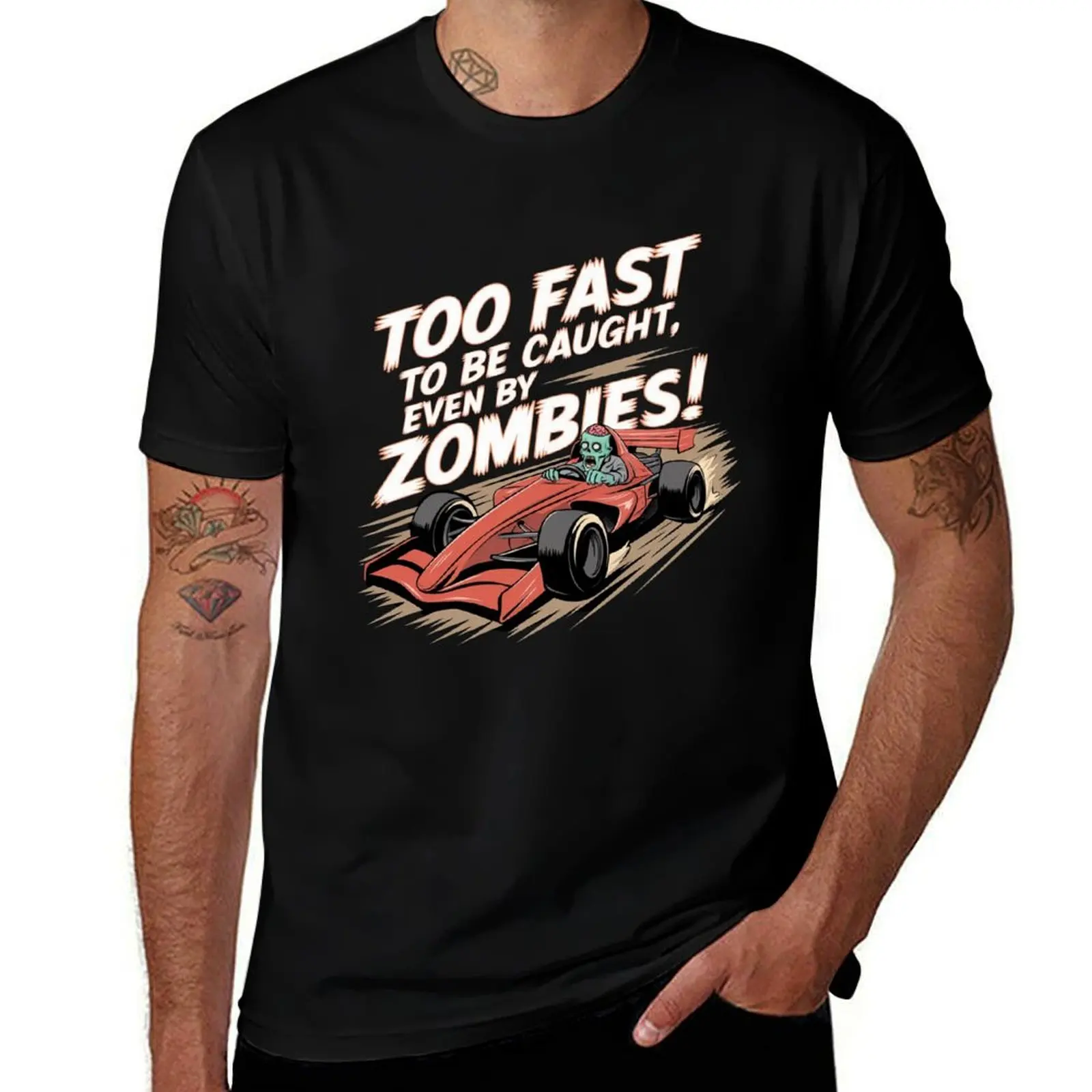Too Fast for Zombies: Funny Halloween Racing Zombie Design T-Shirt Minimal Art Print T-Shirt