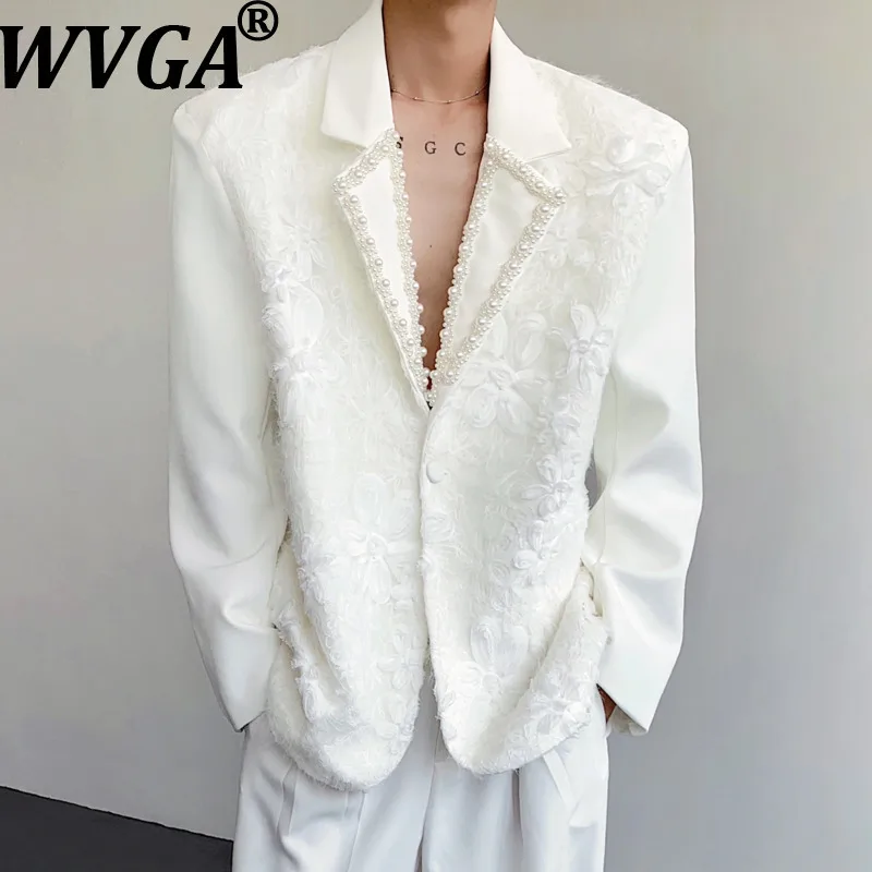 

WVGA Spring Autumn New Men Tide Pearl Lace Flower Heavy Craft Trendy Long Sleeve Blazer Niche Chic Casual Suit Jacket Ins W16198