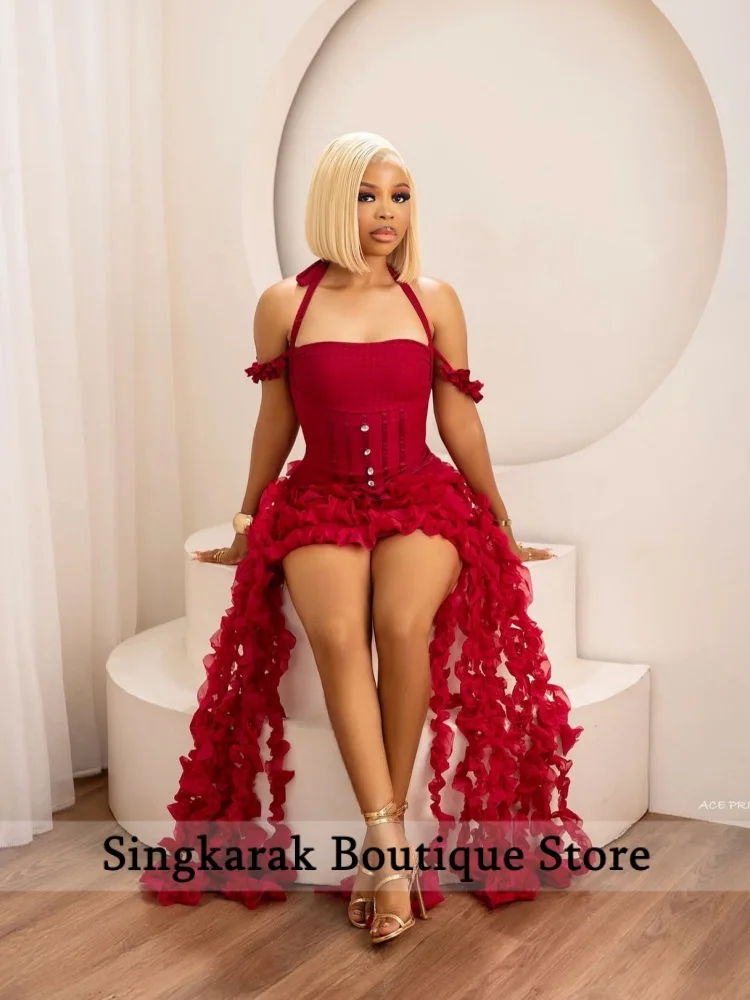 Red High Waisted Low Cut Prom Dress Sexy Halter Senior Homecoming Party Dress Sexy Club Dance PartyDress Customized