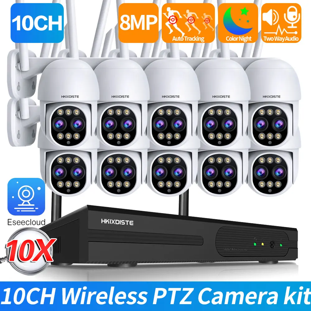 10CH 8MP WiFi PTZ Camera System H.265 Smart AI Security Set Two-way Audio Humanoid Auto Tracking Colorful Night Vision Cameras