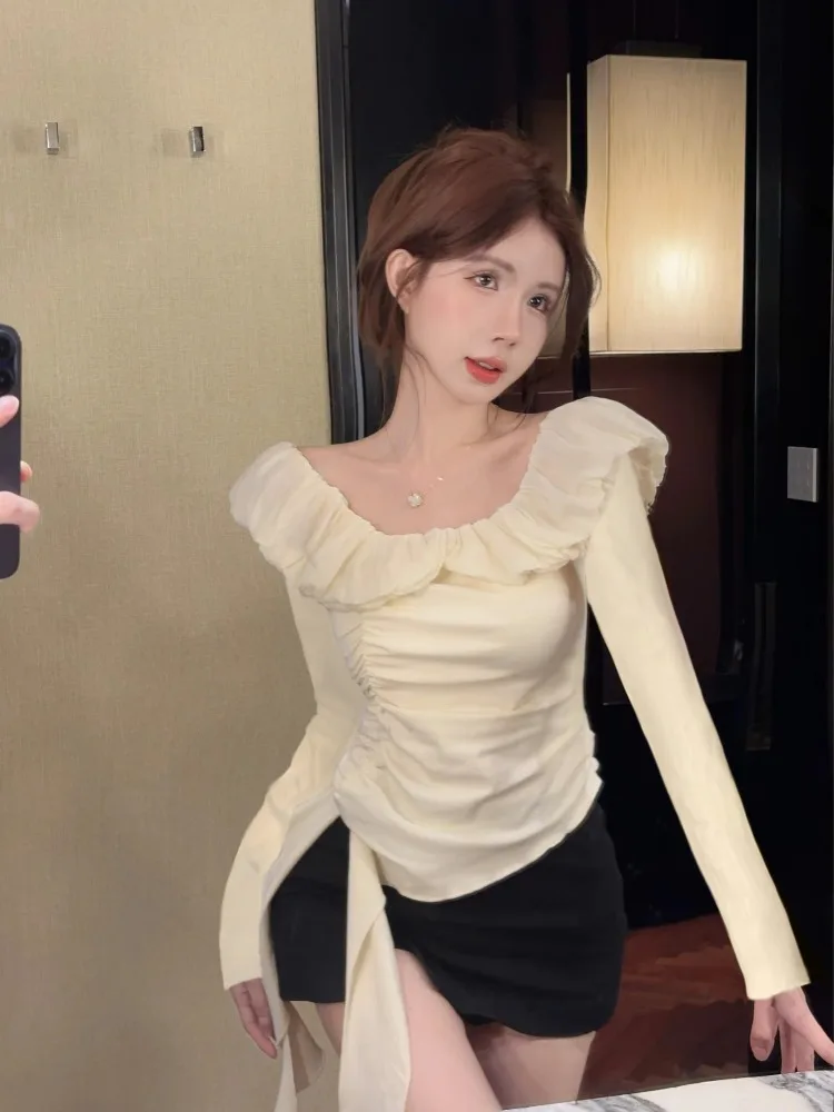 

Elegant Beautiful Ruffle Shoulder Women's Top Initial Autumn Pure Desire Asymmetrical Sash Small Shirt Design