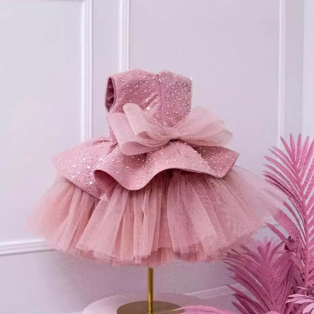 New Arrival Elegant Pink Puffy Kids Party Dress Formal Children Birthday Sequined Flower Girls Gown Baby Tulle Princess Dress