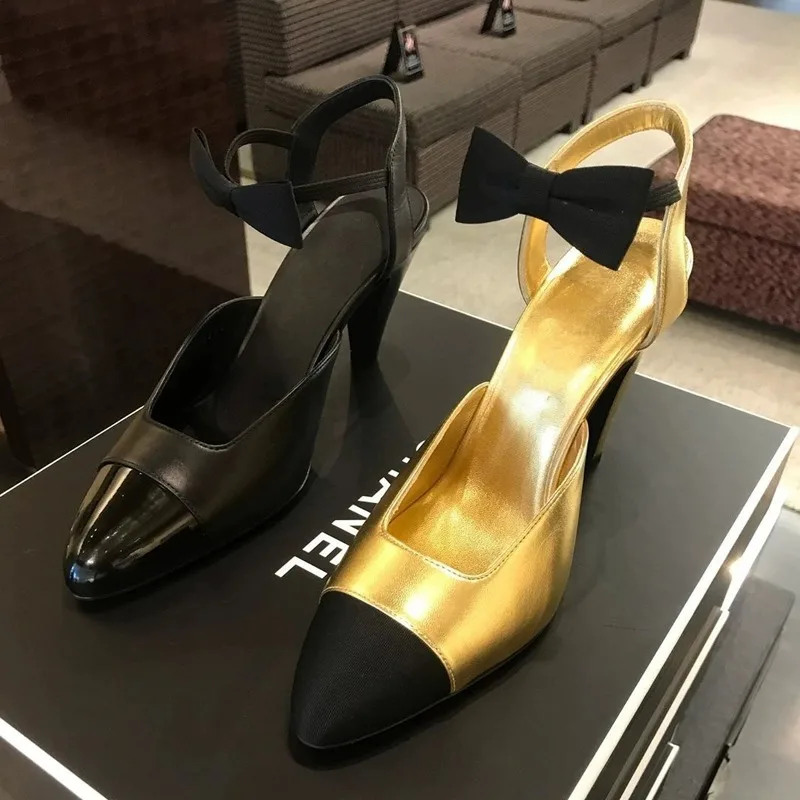 Gold Bow French Style Pumps Colorblock Leather Mary Jane Women High Block Heel Shoes Sandalias Mujer Verano Chaussure Femme