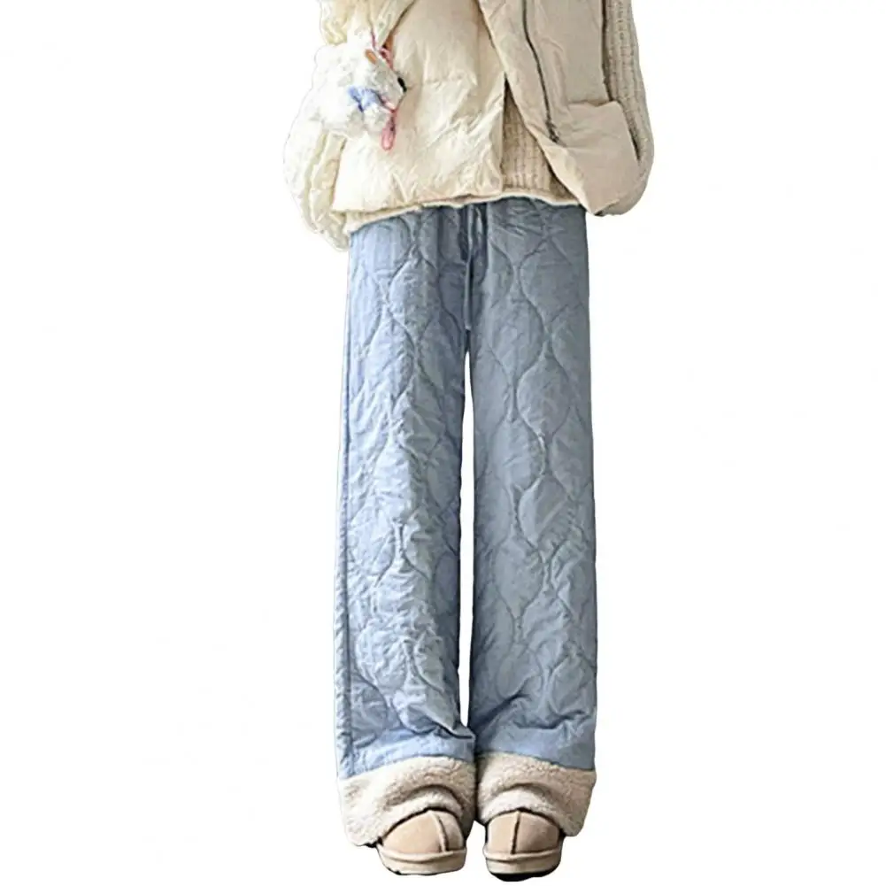 겨울 여성용 플러시 안감 코튼 팬츠 하이웨이스트 엘라스틱 와이드 레그 바지