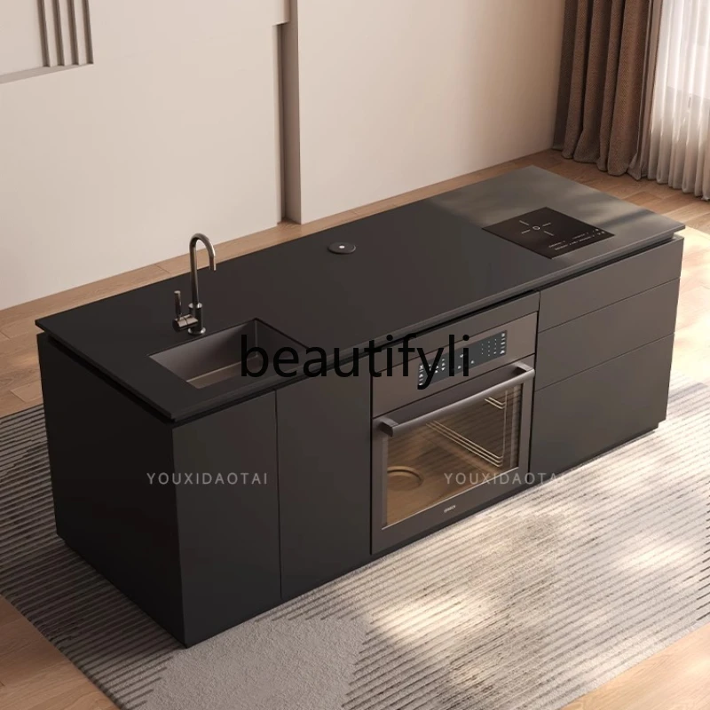 

Rock slab island bar table dining table integrated Italian minimalist flush mid-guide table open kitchen
