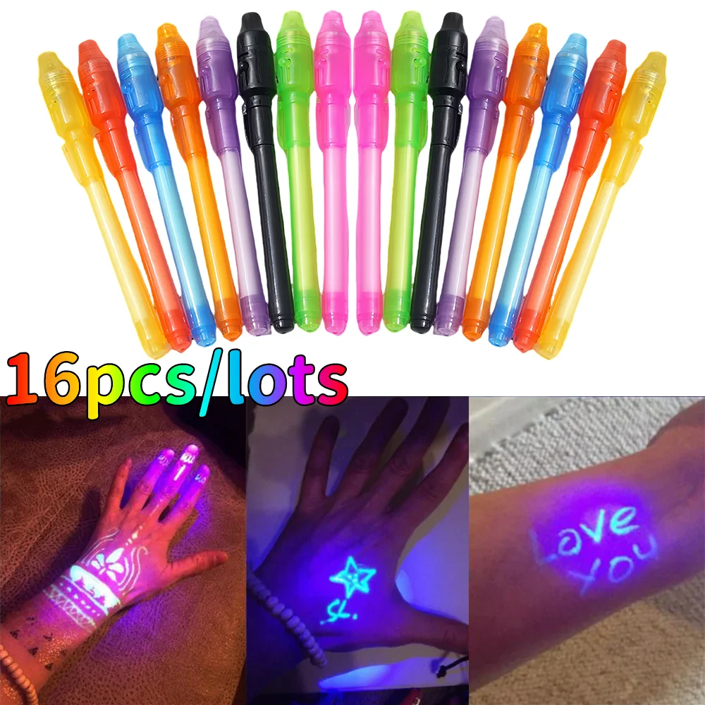 16pcs 2 in 1 Luminous Light Pen Magic Purple UV Black Light Combo Drawing Learning Education Toys for Child Invisible Ink Pen