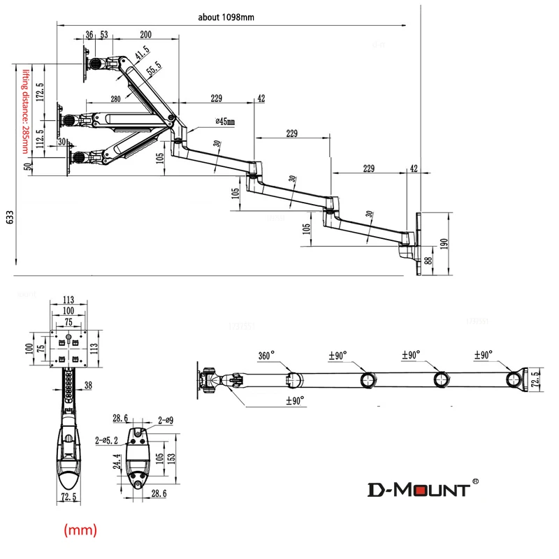 D-MOUNT 7014 زنبرك ميكانيكي من الألومنيوم 17 "-32" شاشة تلفزيون مثبت على الحائط قوس إضافي 4 أقسام ذراع طويلة حركة كاملة تدور 3-6 كجم