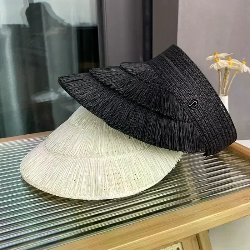 Nouveau Chapeau de Soleil en Paille à Franges pour Femme, Marque de Créateur Tendance, Chapeau d'Été à Dessus Ouvert, Protection UV, Idéal pour la Plage et les Activités de Plein Air