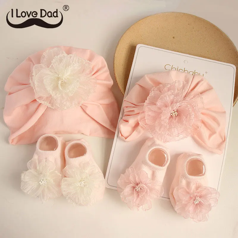 2Pcs Baby Girls Flower Cap Socks Set Cute Floral Newborn Short Tube Sock+ Turban Hat Summer Thin Infant Indian Caps