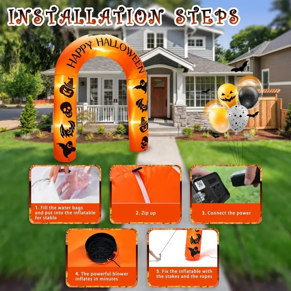 8 FT Giant Halloween Inflatable Pumpkin Arch Outdoor Decoration (with Witch Hat Pumpkin and Skull, Bats, Ghosts), for Holidays