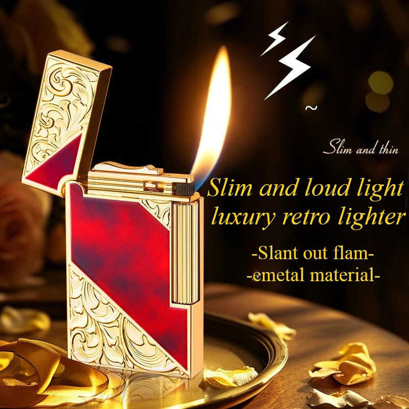 

Slim steel sound loud sound light luxury retro lighter inflatable open flame side slip grinding wheel oblique fire metal lighter
