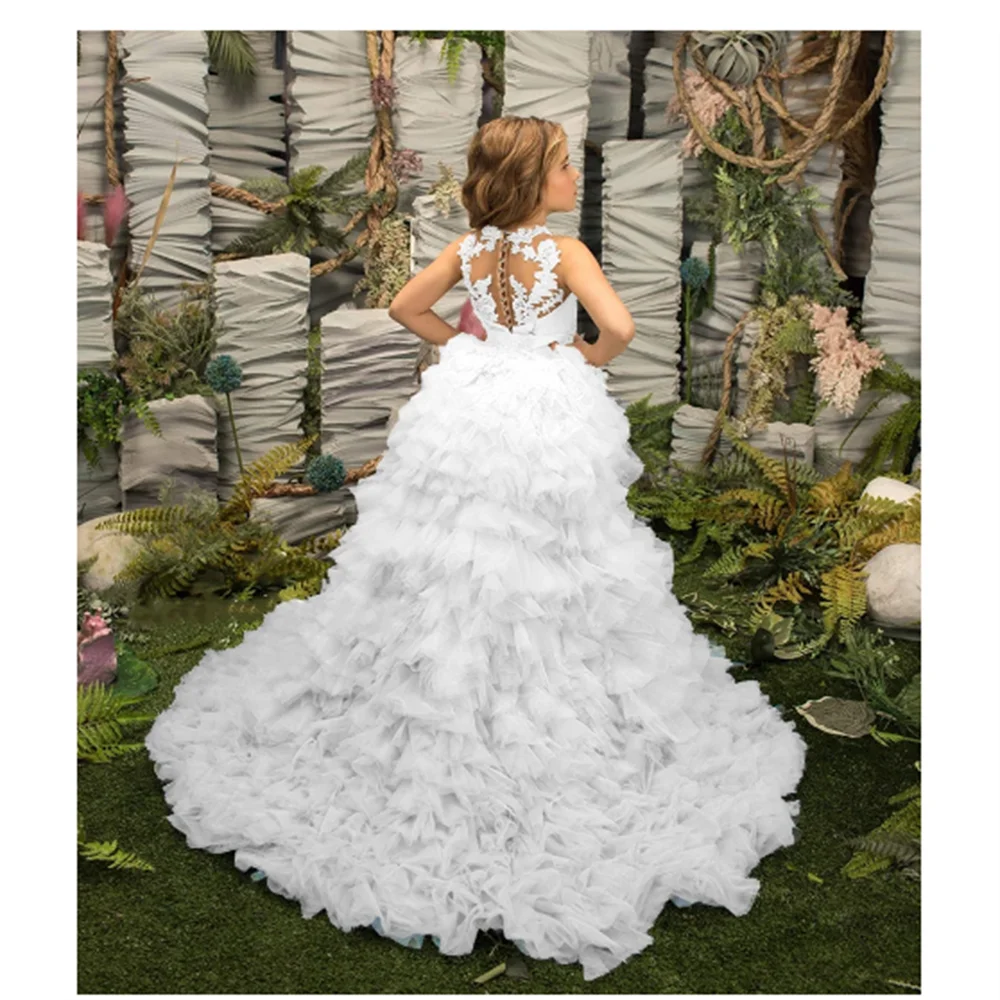 Birthday Flower Girl Dresses For Wedding 2 Piece Applique Princess Pageant Dress With Detachable Train Toddlers Tiered Tulle