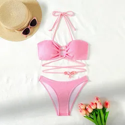 Pink Cross Hollow Strappy Sexy Swimsuit Bikini 2024 Summer New Fashion Hanging Neck Bikini Set Two Piece Women's Swimsuit