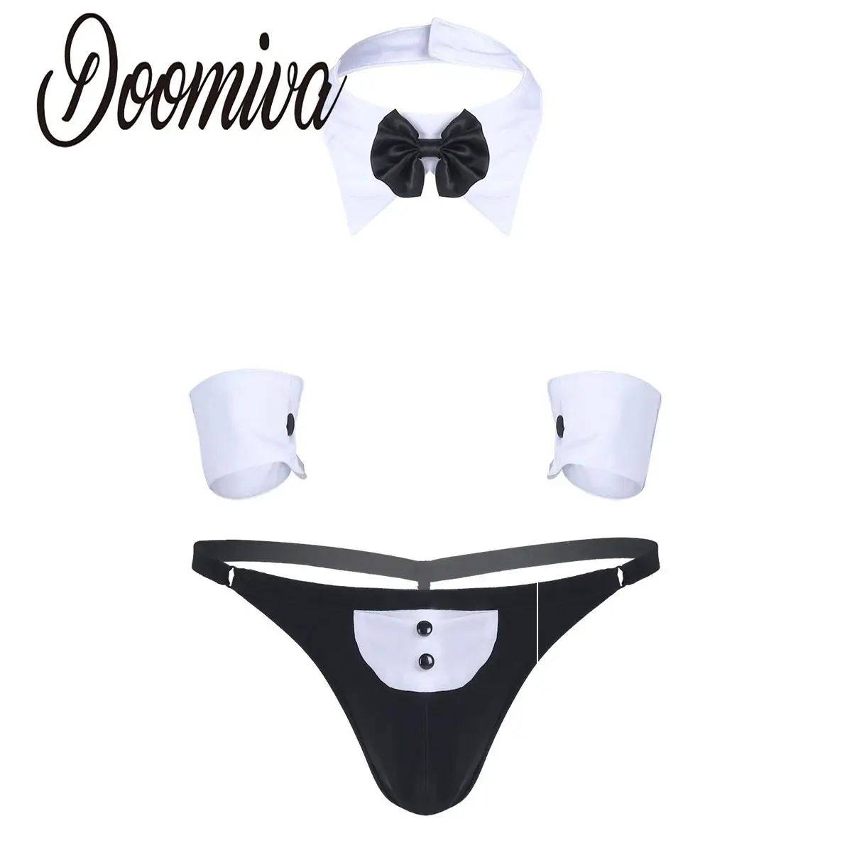 Sexy Men's Waiter Lingerie Set Servant Nightwear Tuxedo G-String Jockstraps Underwear with Bowtie Collar Cuffs Gentleman Outfit