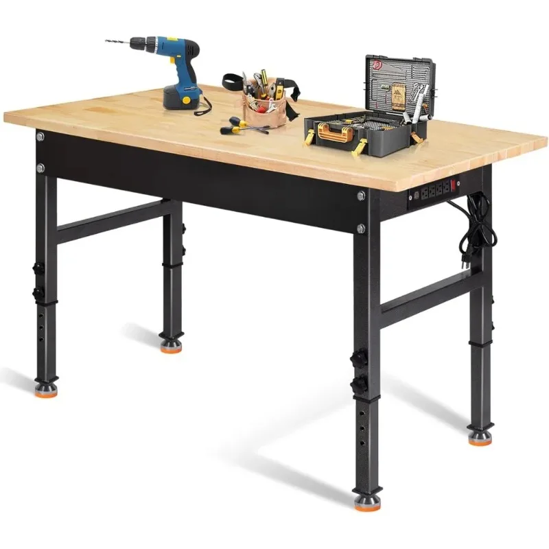 Mesa de trabalho resistente da bancada de madeira de borracha com tomada de energia, capacidade de carga de 2000 libras, bancada de trabalho ajustável de 48"