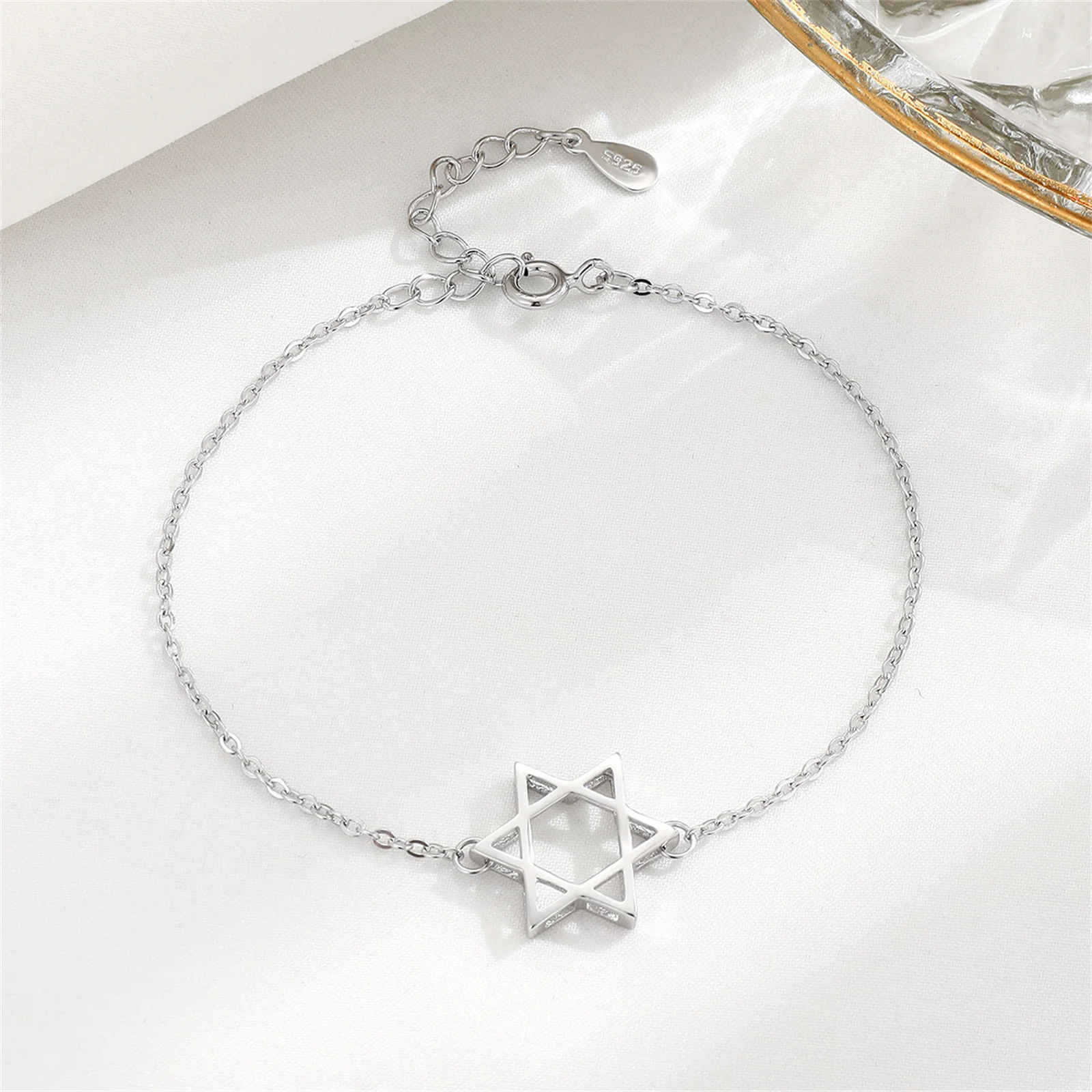 Minimalist Hexagram Star of David Charm Bracelet for Women Sterling Silver Adjustable Bangle