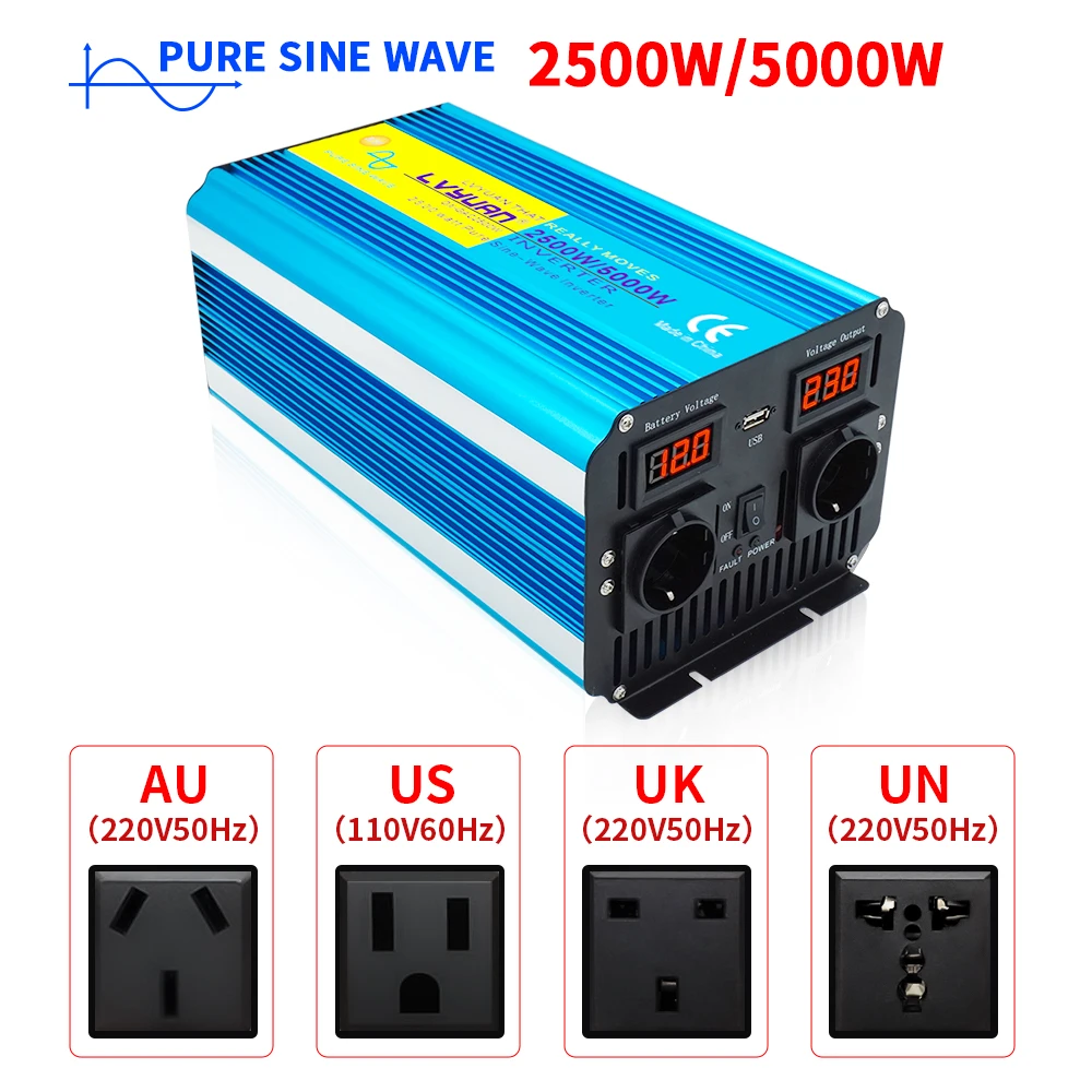 Pure Sine Wave Power Inverter Continuous power 2500W dc 12v/24v LED display suitable for ac 110V 220V 240V solar converter car