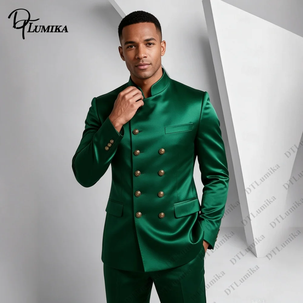 Glossy Satin Formal Suit Set for Men Double Breasted Mandarin Collar Jacket with Pants Gala Outfit, Bespoke Groom Wedding Attire