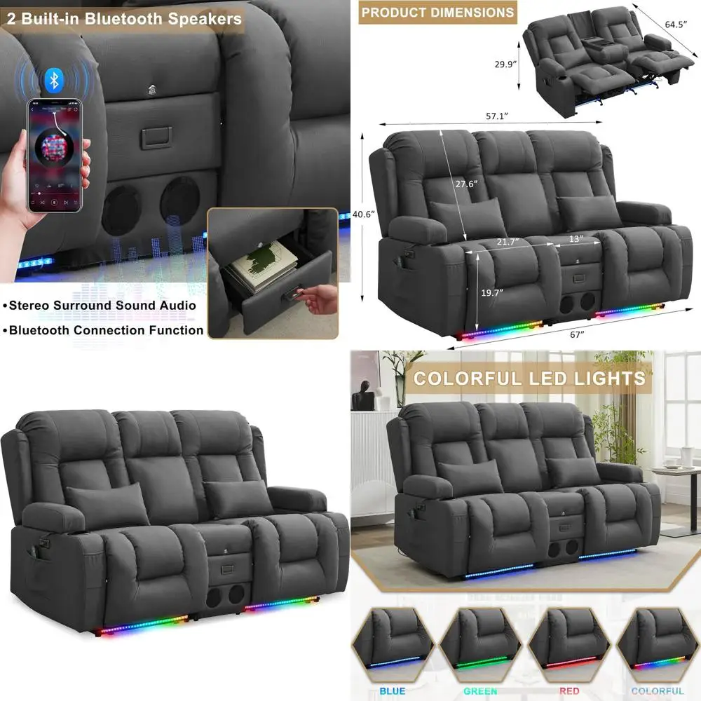 Gray Leather Power Reclining Loveseat with Massage, Heat, LED Lights, Bluetooth, USB & Outlets
