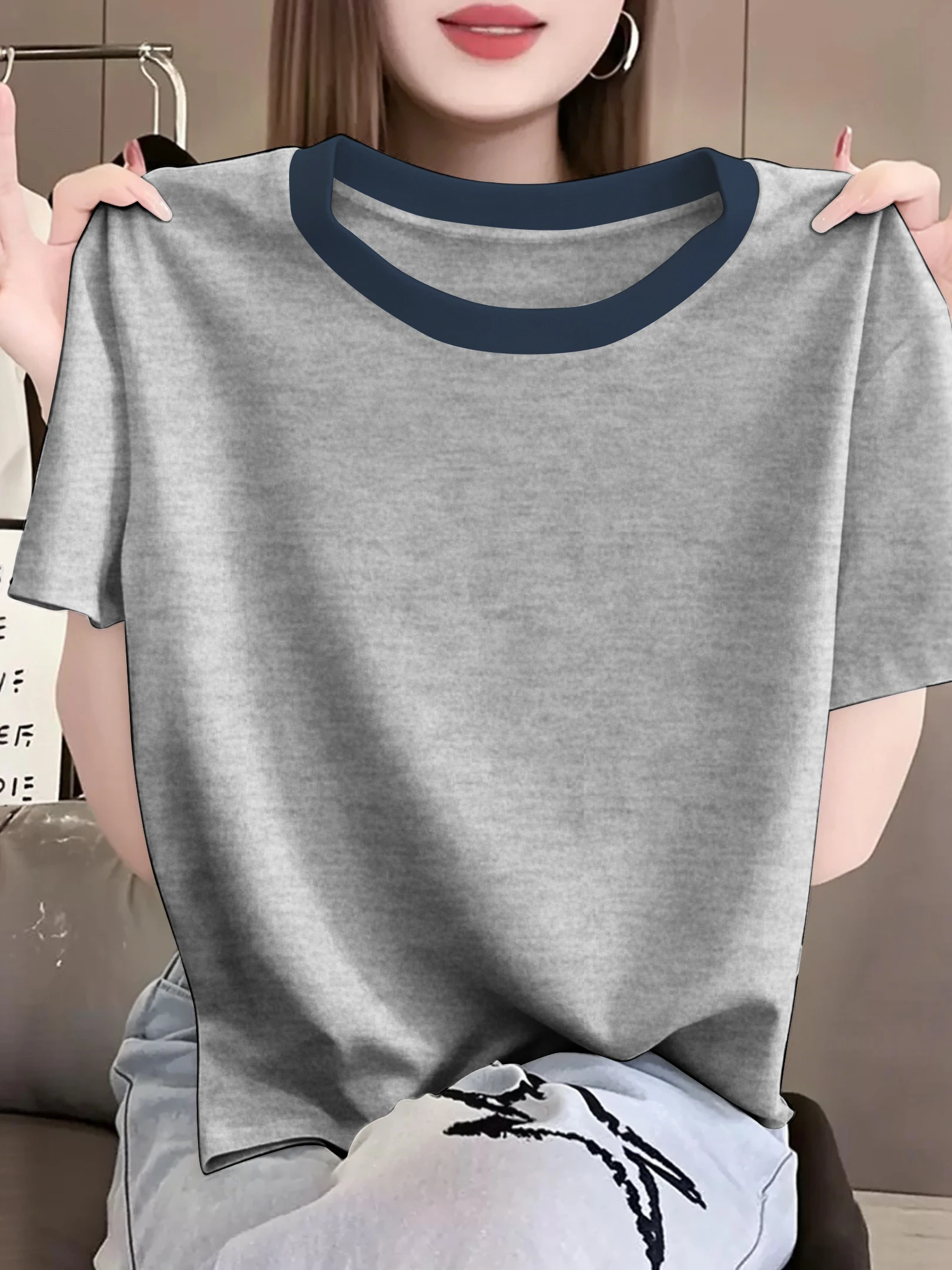 Loose Fit Pure Cotton Grey T-Shirt Women's Commute Fashion round Neck Short Sleeve Casual Style Color Block Top for Ladies