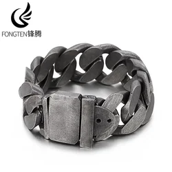 Fongten Heavy Black Metal Punk Wide Cuban Link Chain Men Bracelet Stainless Steel Fashion Biker Male Accessories
