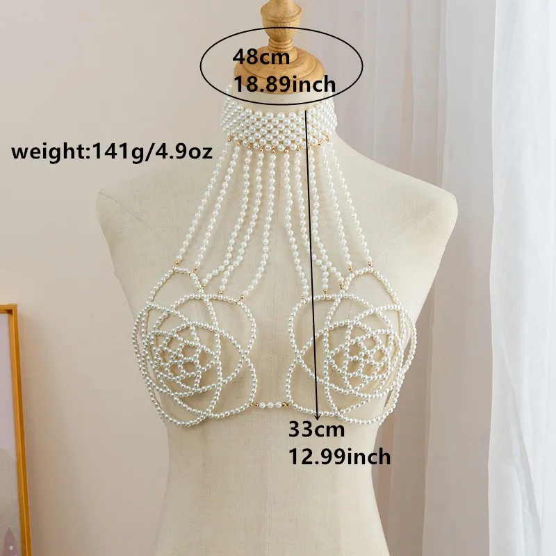 Solid Color Sexy Handmade Beaded Flower Body Chain Halter Necklace For Carnival Party Wear