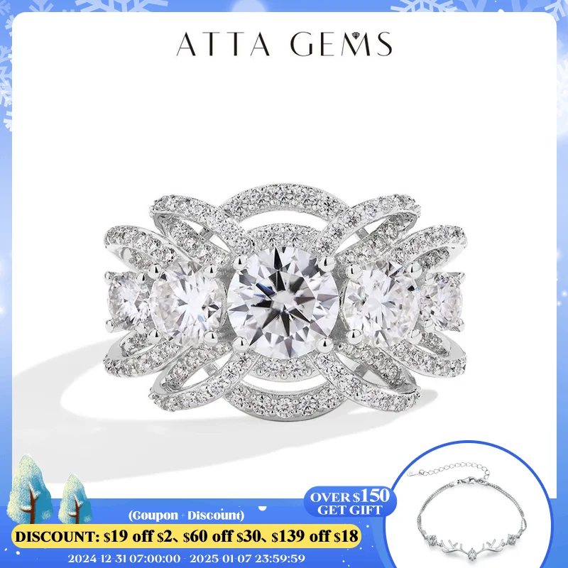 ATTAGEMS Luxury Round Cut 1CT Moissanite Ring for Women D VVS1 Lab Diamond Real S925 Silver Engagement Wedding Jewelry Pass Test