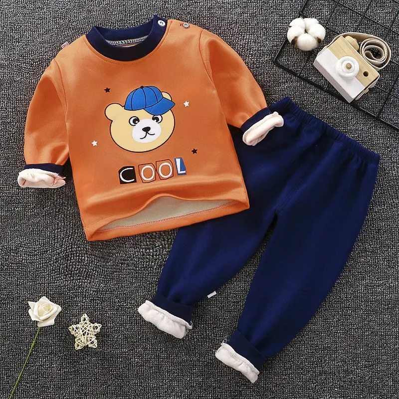 Winter Toddler Baby Plush Velvet Thermal Underwear Suit Girls Cartoon Clothes Autumn Kids Boys Pajama Sets Warm Sleepwear New