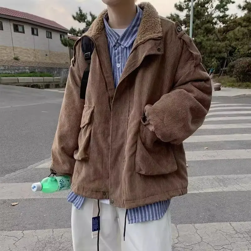 

Зимняя утепленная куртка из вельвета на флисовой подкладке, свободная рабочая одежда, модное хлопковое пальто с капюшоном из полиэфирного волокна, на молнии, с длинными рукавами