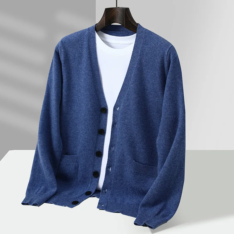% Wool Cardigan Men'S Solid Color Button Sweater Business Casual Solid Color Long Sleeve Knitwear