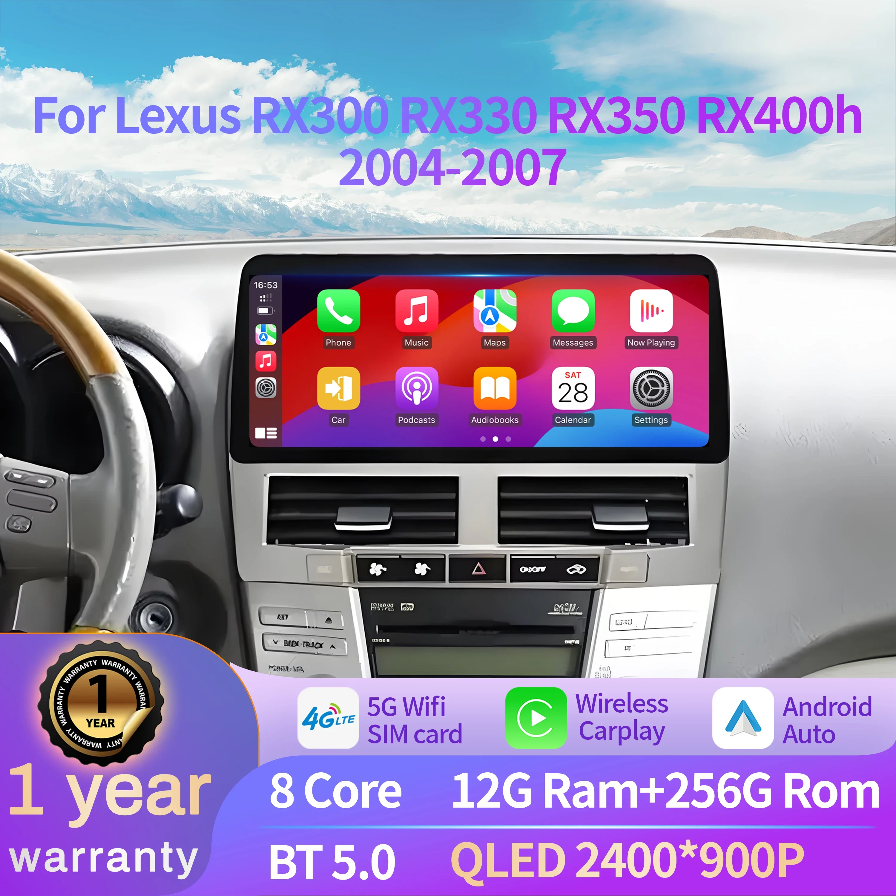 12.3 inch For Lexus RX300 RX330 RX350 RX400h 2004-2007 Car Radio Android 15 BT Carplay Multimedia Navigation Head Unit Screen
