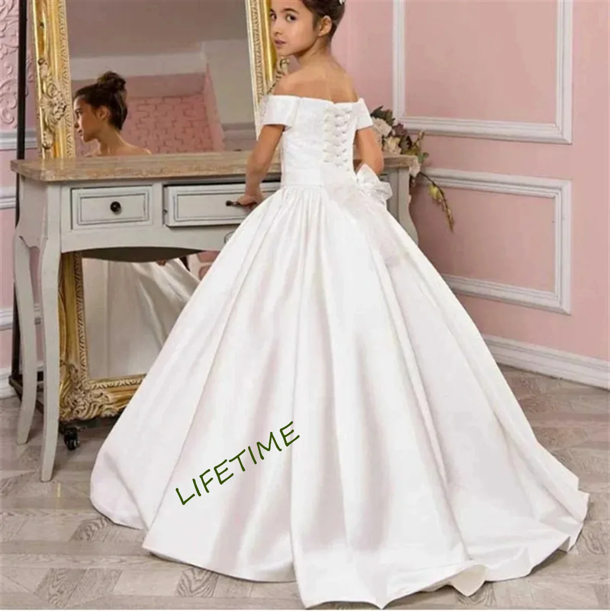 Flower Girl Dress White Satin Lace Bow Decoration One-line Shoulder Wedding Elegant Flower Child First Eucharistic Party Dress