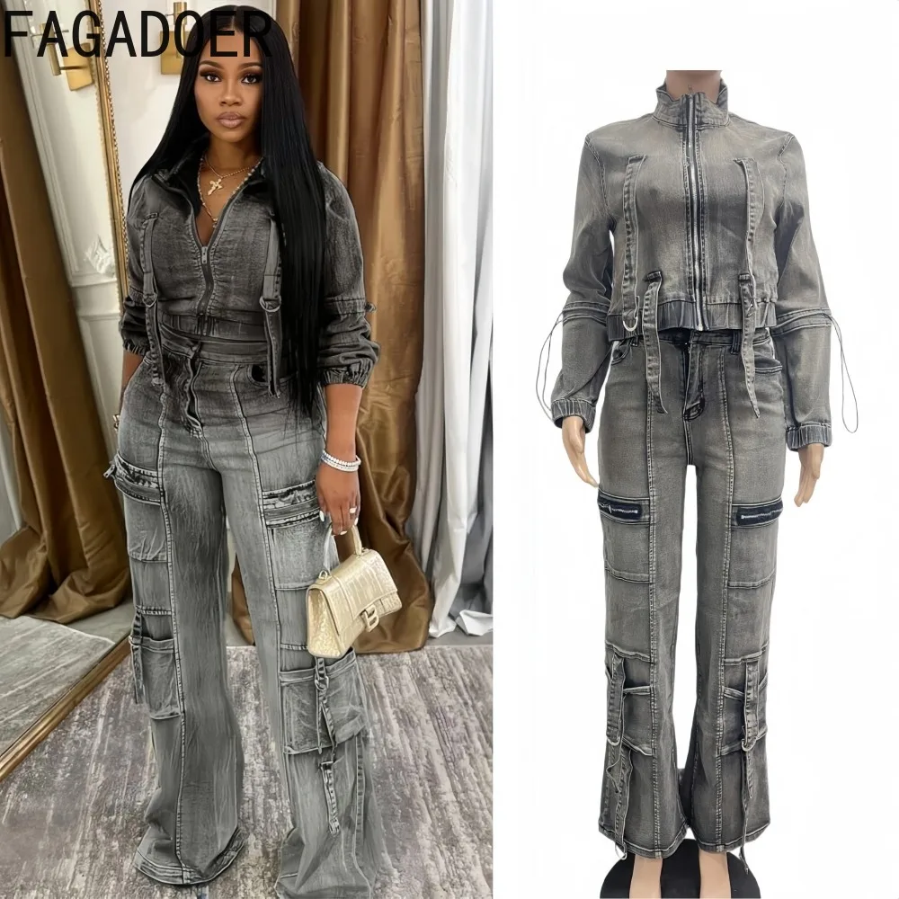 

FAGADOER Fashion Pocket Patchwork 2 Pieces Set for Woman Outfit Solid Color Long Sleeve Top and Pants Matching Female Streetwear