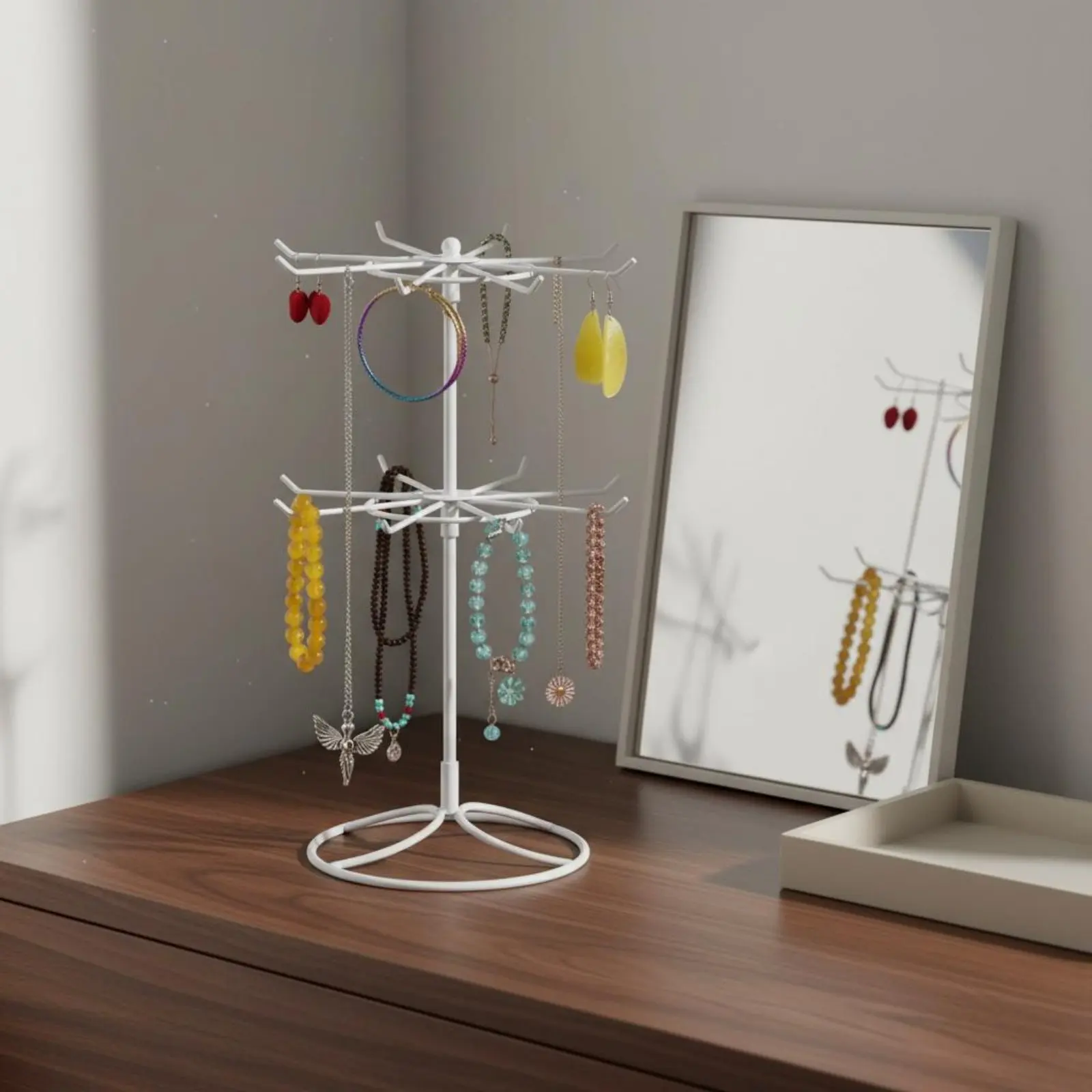 2 Tier Rotating Jewelry Stand Detachable Countertop Jewelry Tree Metal Necklace Hanger Wrought Iron for Bedroom, Closet