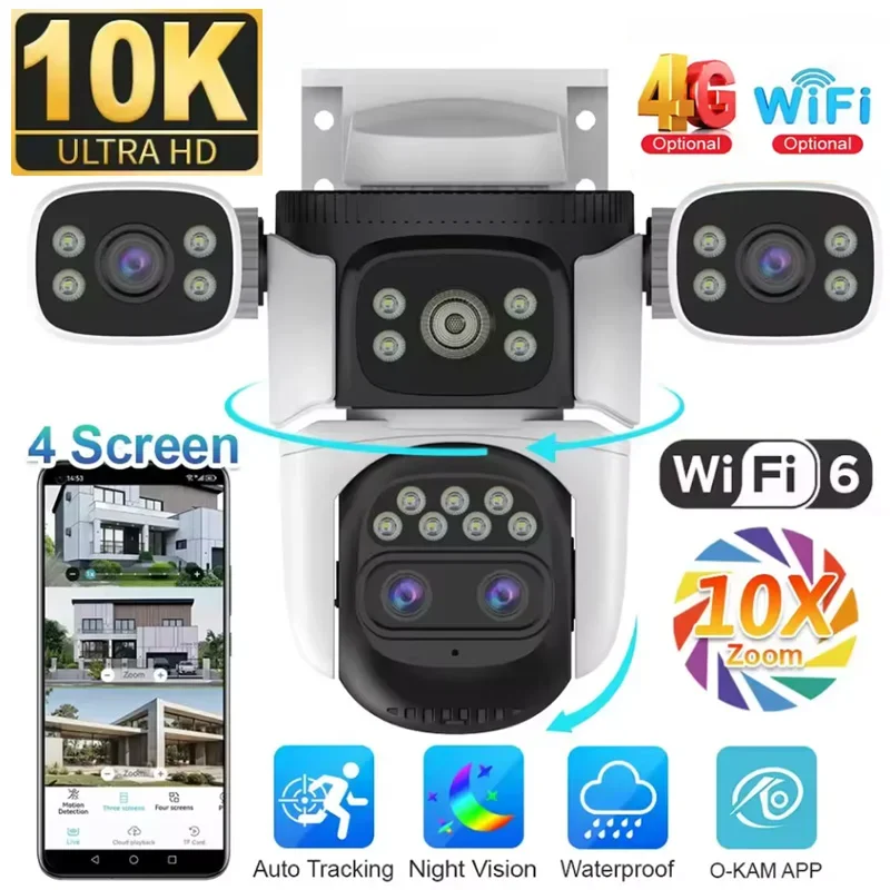 10K Ultra HD WiFi Security Camera 20MP 4-Lens Outdoor IP Camera Auto Tracking/4-Screen Display/2.4G WiFi Home Surveillance CCTV