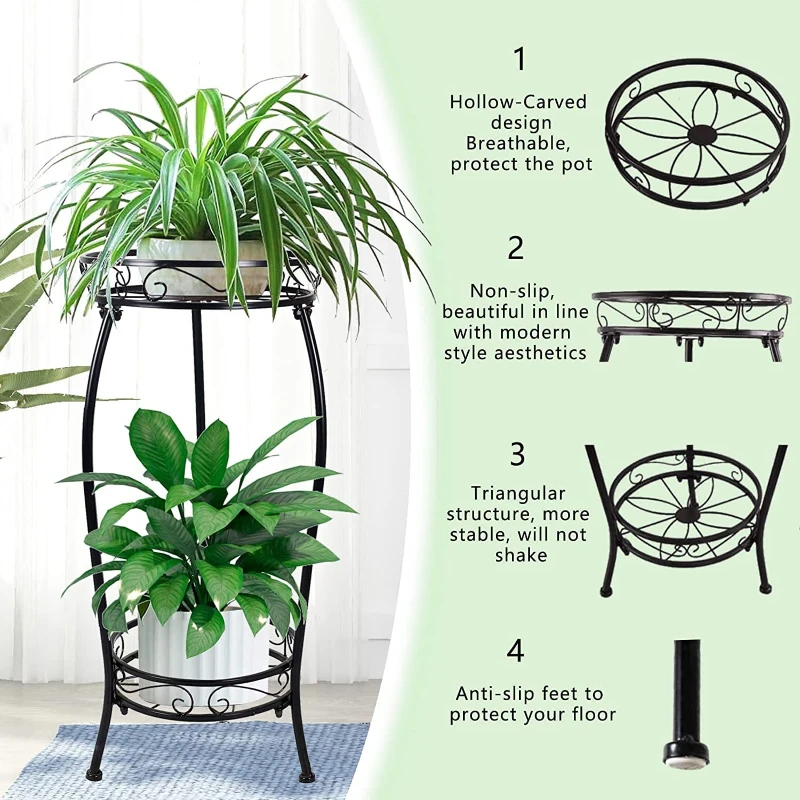 Plant Bracket Indoor Outdoor 2-layer Flower Pot Bracket Heavy-duty Plant Rack Shelf Rust Proof Iron Multi Plants Circular Stand