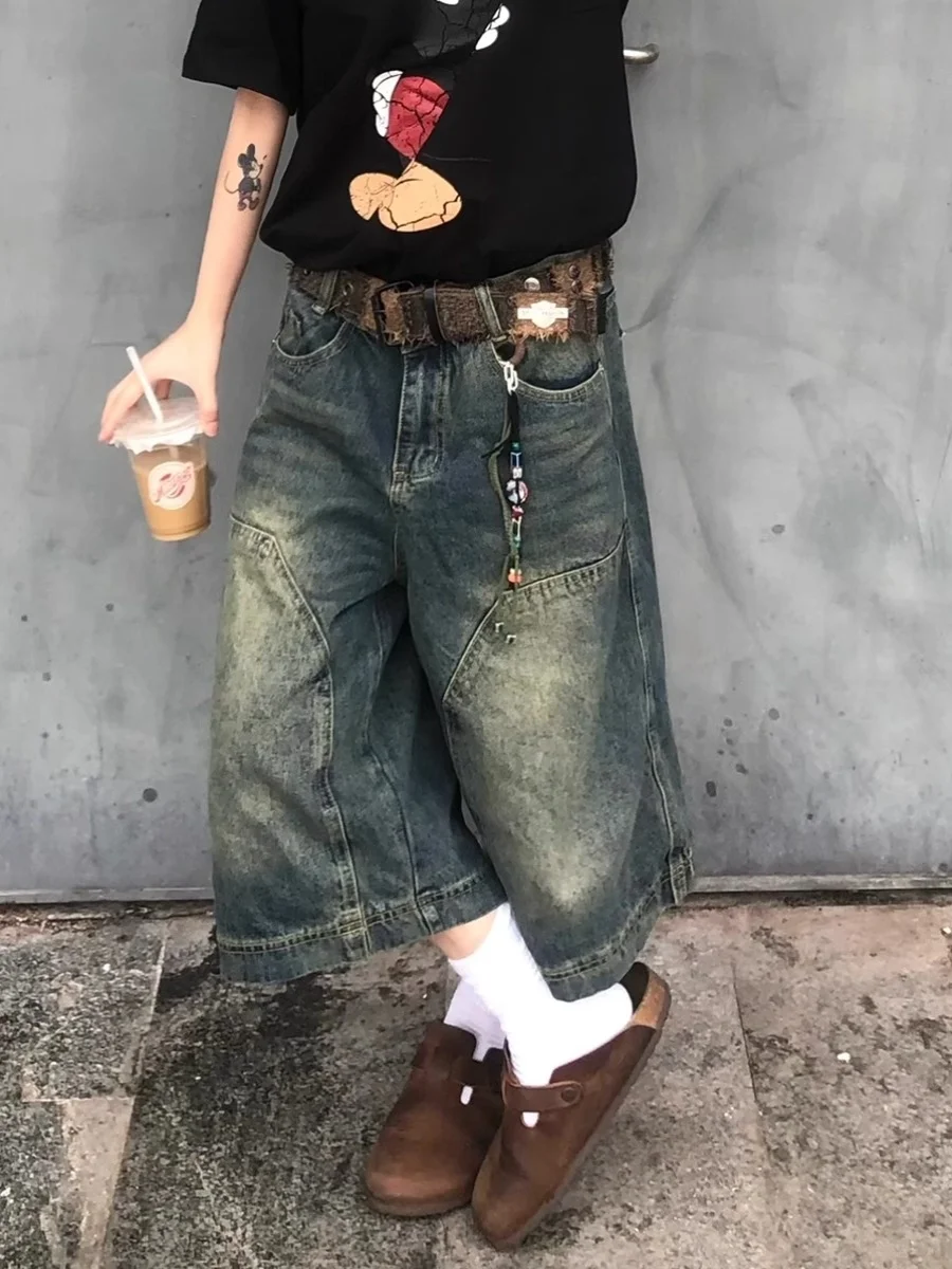 

Retro American Street Waed Denim orts Men Women Summer Versatile Casual Loose Wide Leg Seven-Foot Trendy Jeans