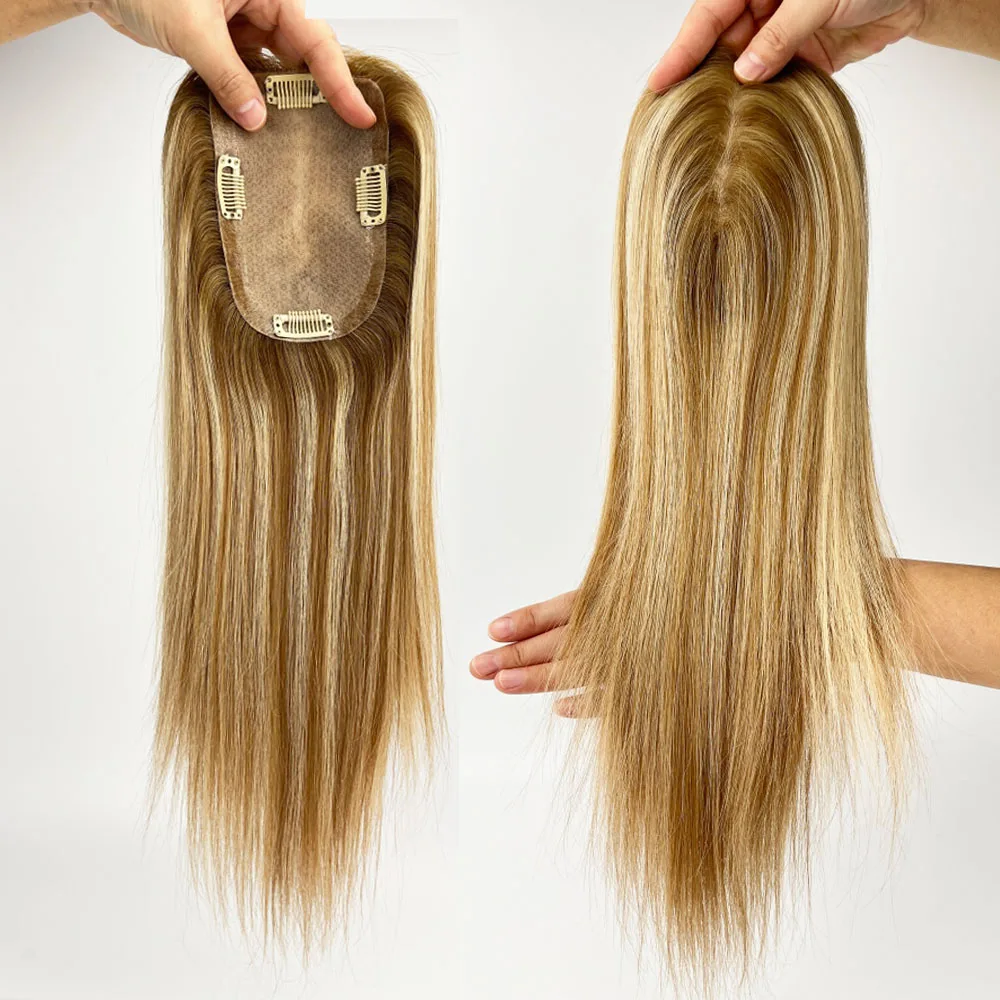 9x14cm 16inch Highlight Blonde Human Hair Cloure Silk Base Topper with Clips in Virgin European Human Hair Toupee