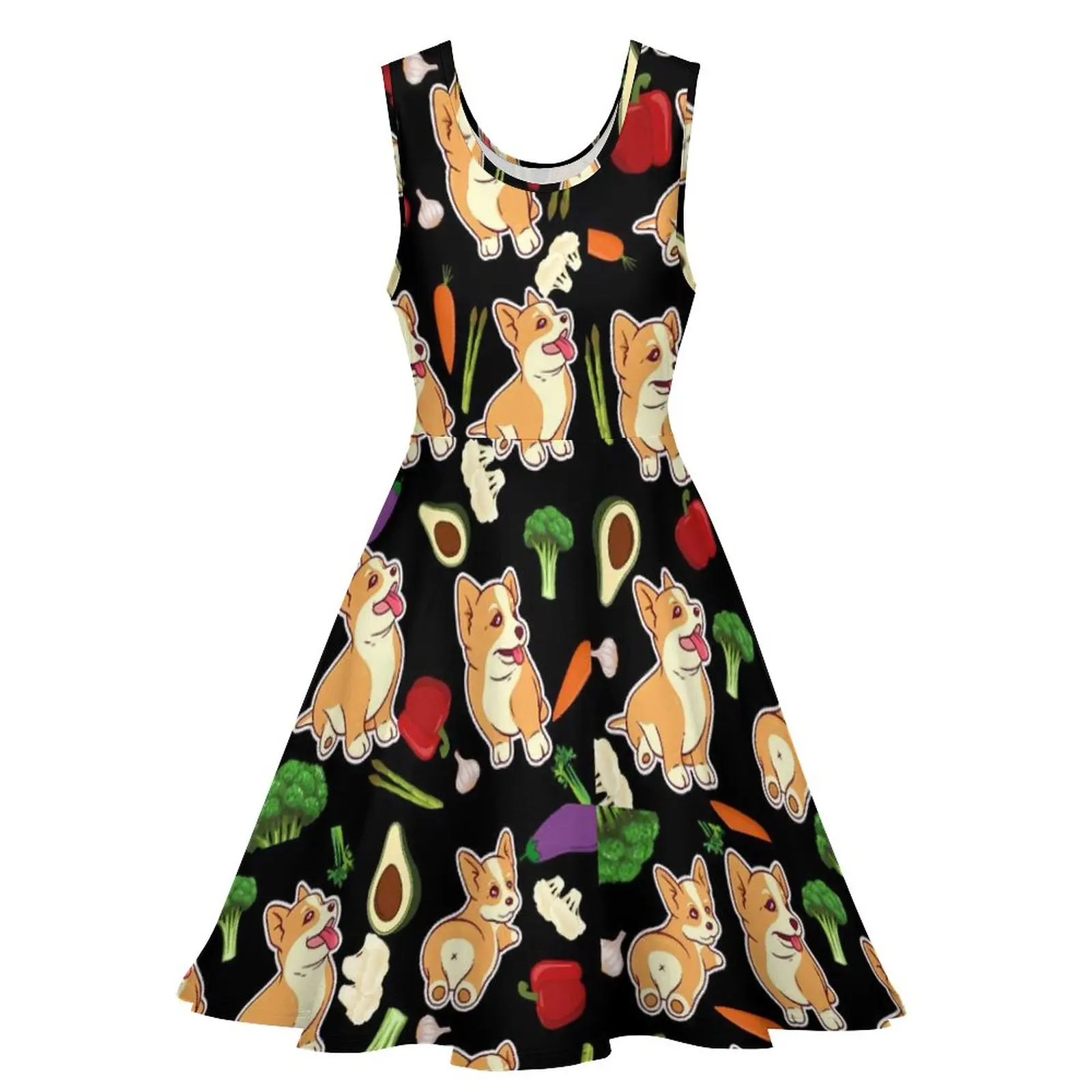 Cute Corgi Print Dress Vegetables Food Elegant Dresses High Waist Street Wear Oversized Skate Dress Womens Custom Vestido